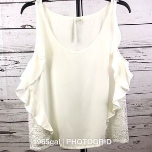 LC Lauren Conrad White Blouse Crochet Ruffle Lined